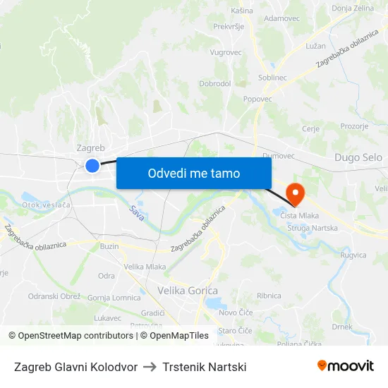 Zagreb Glavni Kolodvor to Trstenik Nartski map