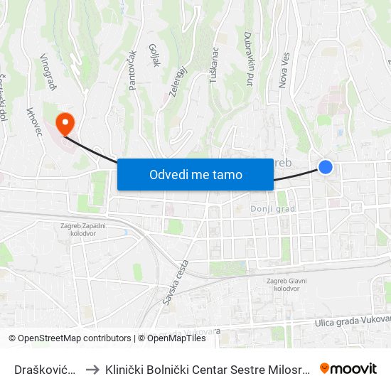 Draškovićeva to Klinički Bolnički Centar Sestre Milosrdnice map