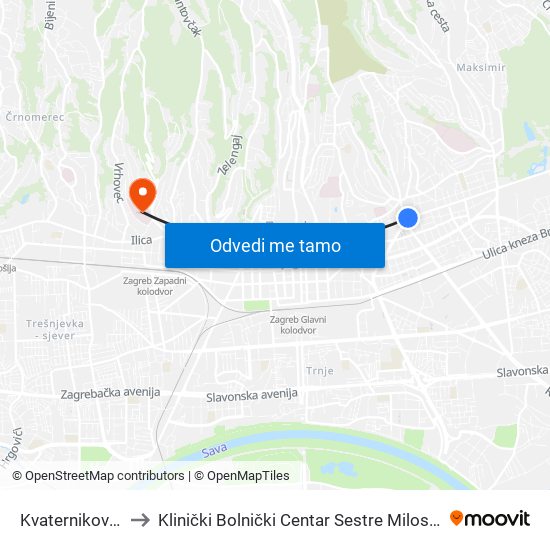 Kvaternikov trg to Klinički Bolnički Centar Sestre Milosrdnice map