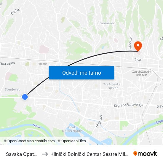 Savska Opatovina to Klinički Bolnički Centar Sestre Milosrdnice map