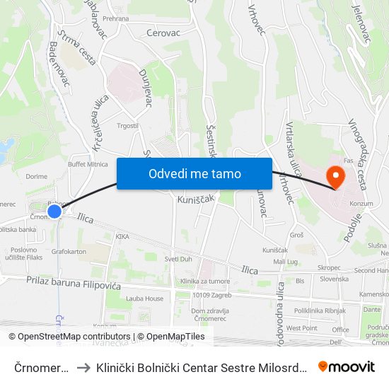 Črnomerec to Klinički Bolnički Centar Sestre Milosrdnice map