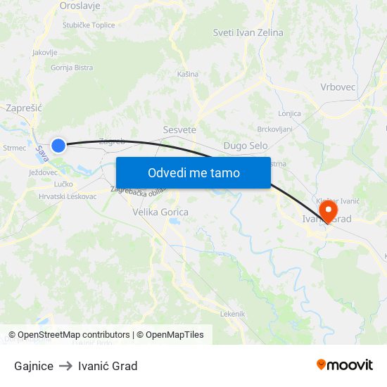 Gajnice to Ivanić Grad map
