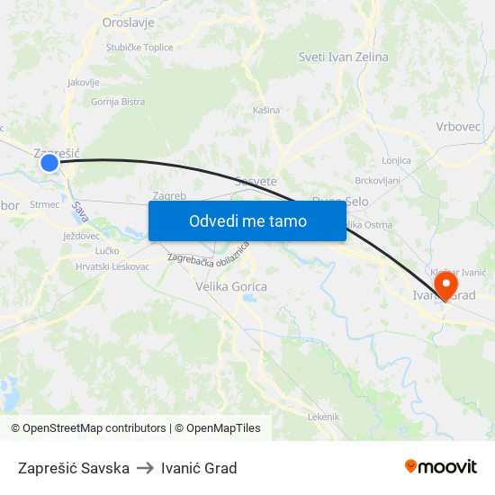Zaprešić Savska to Ivanić Grad map
