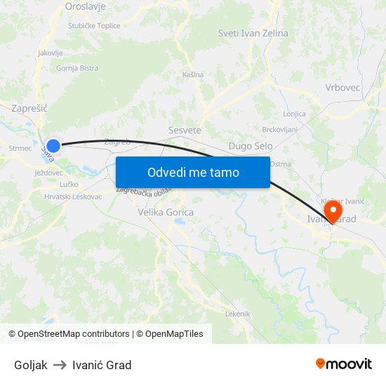 Goljak to Ivanić Grad map