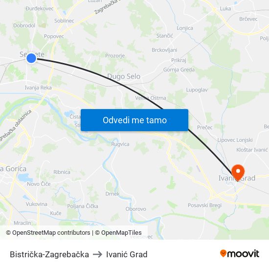 Bistrička-Zagrebačka to Ivanić Grad map