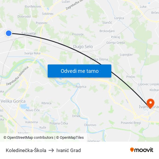 Koledinečka-Škola to Ivanić Grad map