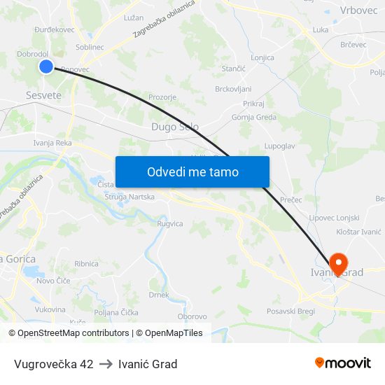Vugrovečka 42 to Ivanić Grad map
