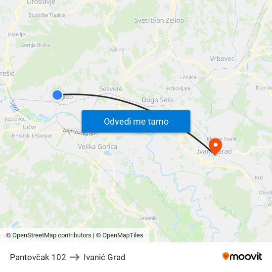 Pantovčak 102 to Ivanić Grad map
