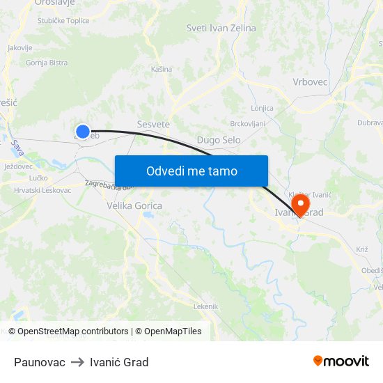 Paunovac to Ivanić Grad map