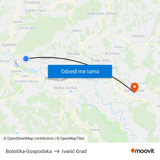 Bolnička-Gospodska to Ivanić Grad map