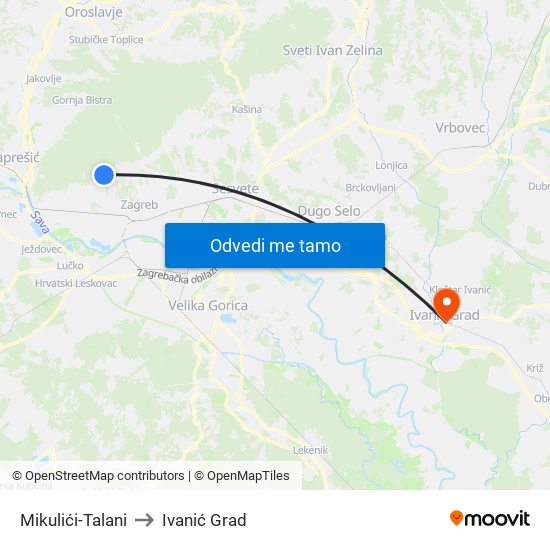 Mikulići-Talani to Ivanić Grad map