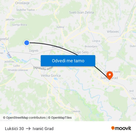 Lukšići 30 to Ivanić Grad map
