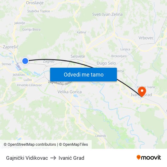 Gajnički Vidikovac to Ivanić Grad map