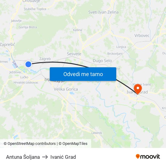 Antuna Šoljana to Ivanić Grad map
