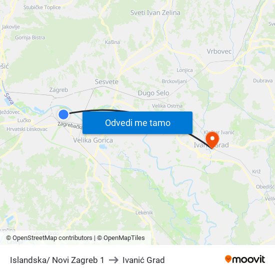 Islandska/ Novi Zagreb 1 to Ivanić Grad map