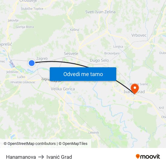 Hanamanova to Ivanić Grad map
