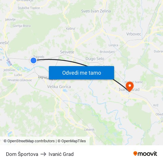 Dom Športova to Ivanić Grad map