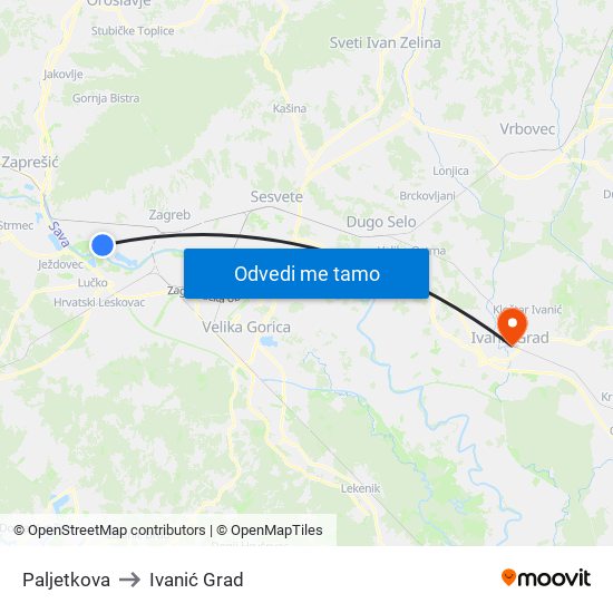 Paljetkova to Ivanić Grad map