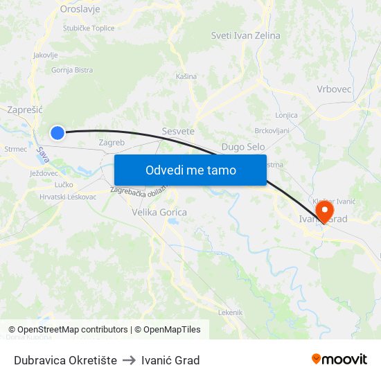 Dubravica Okretište to Ivanić Grad map