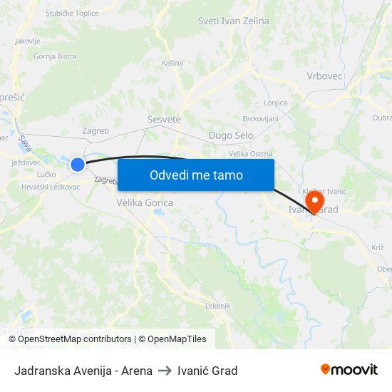 Jadranska Avenija - Arena to Ivanić Grad map