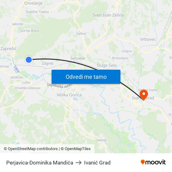 Perjavica-Dominika Mandića to Ivanić Grad map
