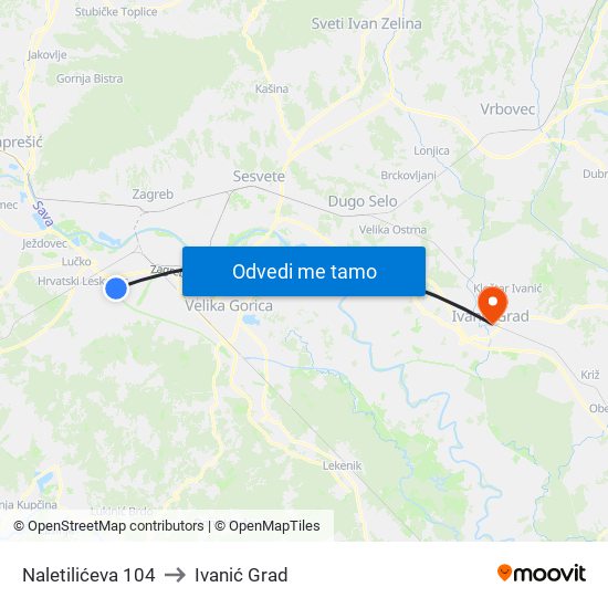 Naletilićeva 104 to Ivanić Grad map
