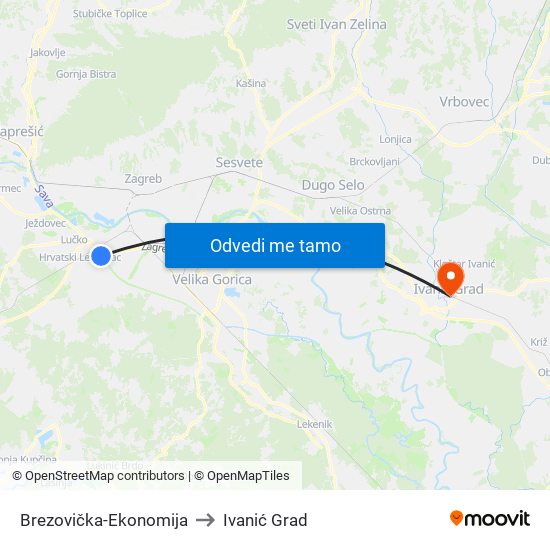 Brezovička-Ekonomija to Ivanić Grad map
