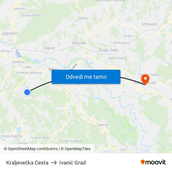 Kraljevečka Cesta to Ivanić Grad map