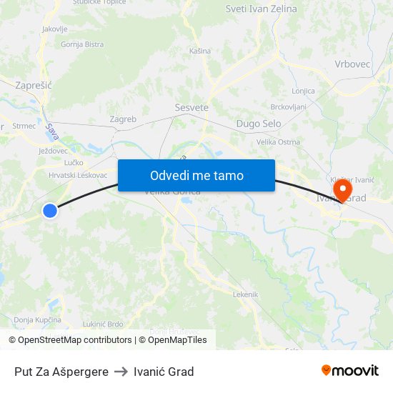 Put Za Ašpergere to Ivanić Grad map