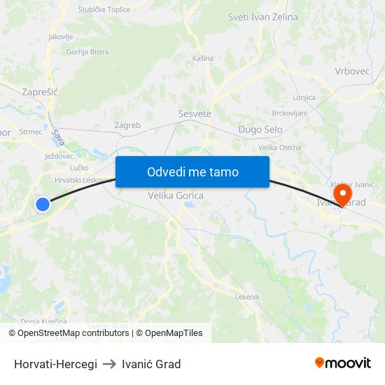 Horvati-Hercegi to Ivanić Grad map