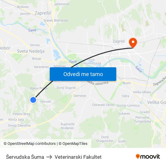 Šervudska Šuma to Veterinarski Fakultet map