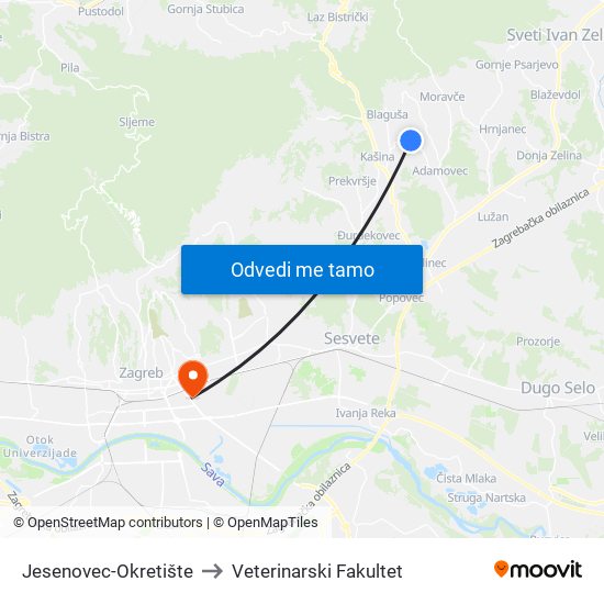 Jesenovec-Okretište to Veterinarski Fakultet map