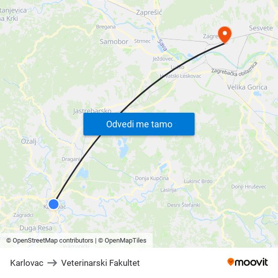 Karlovac to Veterinarski Fakultet map