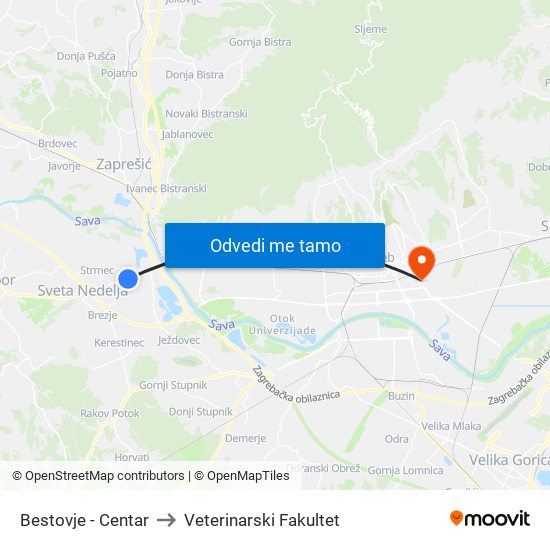 Bestovje - Centar to Veterinarski Fakultet map