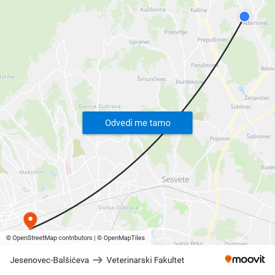 Jesenovec-Balšićeva to Veterinarski Fakultet map