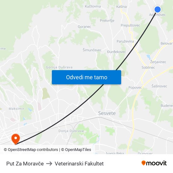 Put Za Moravče to Veterinarski Fakultet map