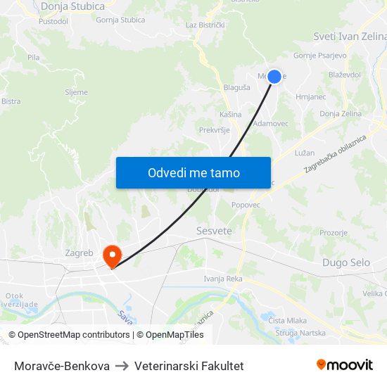 Moravče-Benkova to Veterinarski Fakultet map