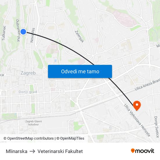 Mlinarska to Veterinarski Fakultet map