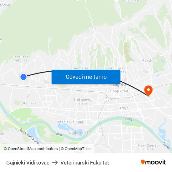 Gajnički Vidikovac to Veterinarski Fakultet map