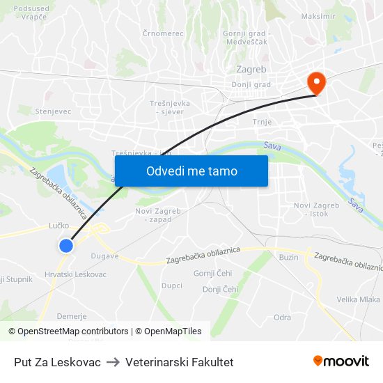 Put Za Leskovac to Veterinarski Fakultet map