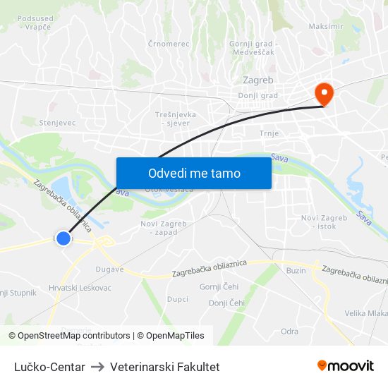 Lučko-Centar to Veterinarski Fakultet map