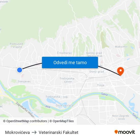 Mokrovićeva to Veterinarski Fakultet map