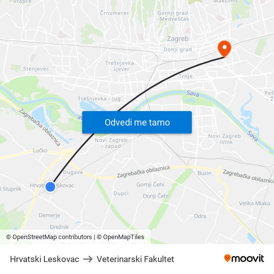 Hrvatski Leskovac to Veterinarski Fakultet map