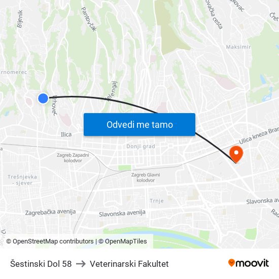 Šestinski Dol 58 to Veterinarski Fakultet map