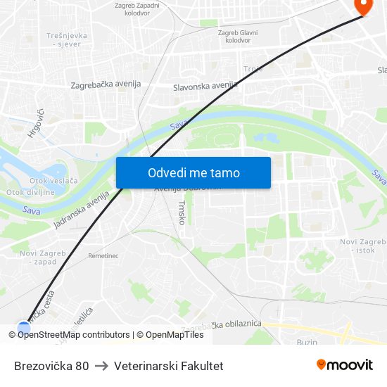 Brezovička 80 to Veterinarski Fakultet map