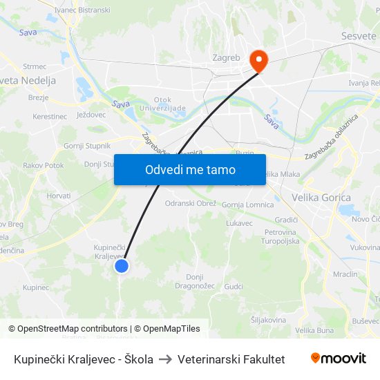 Kupinečki Kraljevec - Škola to Veterinarski Fakultet map