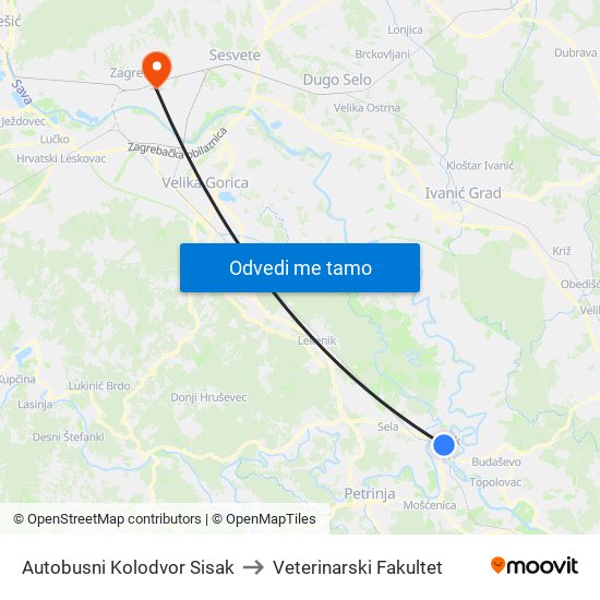 Autobusni Kolodvor Sisak to Veterinarski Fakultet map