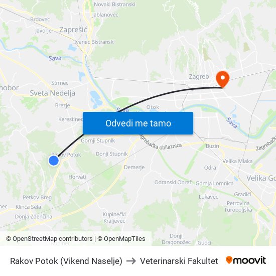 Rakov Potok (Vikend Naselje) to Veterinarski Fakultet map
