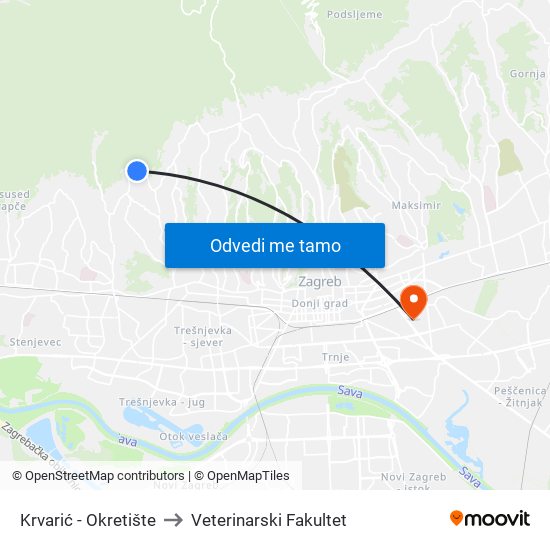 Krvarić - Okretište to Veterinarski Fakultet map