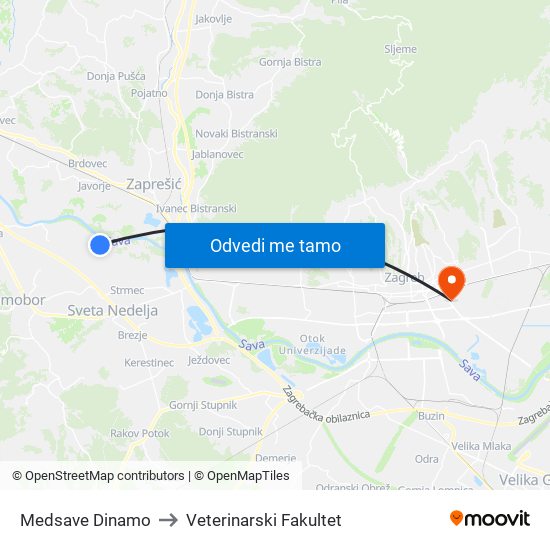 Medsave Dinamo to Veterinarski Fakultet map